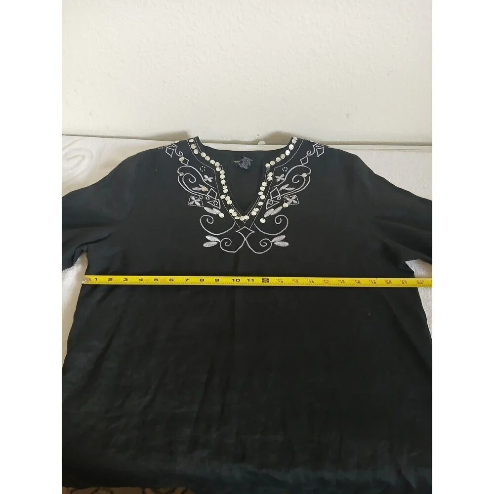 Morgan Cole Womens Blouse Tunic Black Embroidery‎ Sequin V-neck Size XL